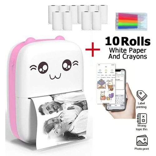 Mini Portable Bluetooth Thermal Printer, Mobile Photo Pocket Printer, Compatible with Android/iOS, 10 Paper Rolls - Pink