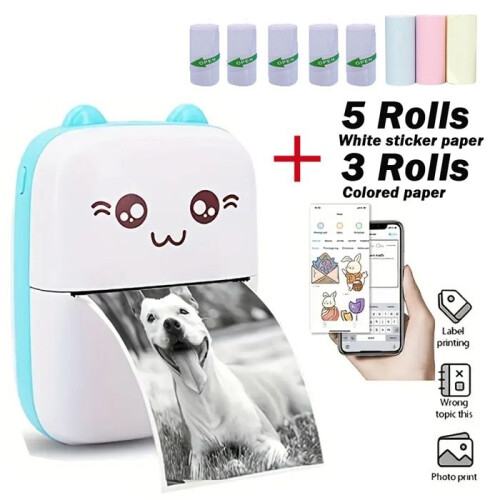 Mini Portable Bluetooth Thermal Printer, Mobile Photo Pocket Printer, Android/iOS Compatible, 8 Paper Rolls - Blue