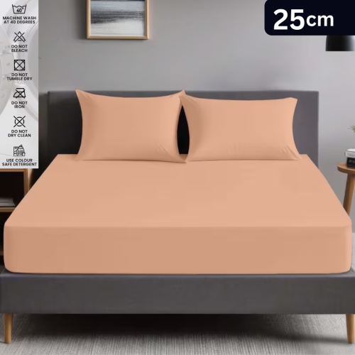(Double, Peach) Poly Cotton Fitted Bed Sheet 25cm Deep Luxury Soft