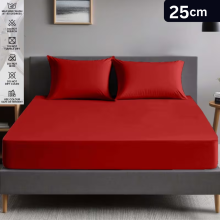 (Single, Red) Poly Cotton Fitted Bed Sheet 25cm Deep Luxury Soft