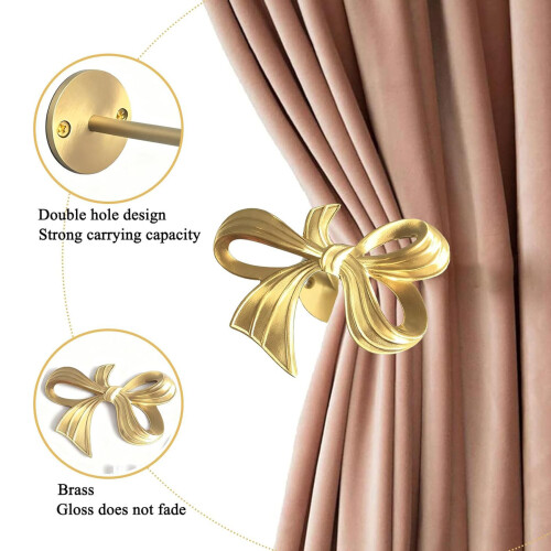 2 Pieces Brass Curtain Pull Back Hooks Gold Bows Wall Mounted 1