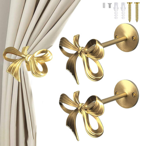 2 Pieces Brass Curtain Pull Back Hooks Gold Bows Wall Mounted 2