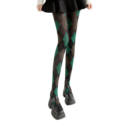 Stretchy Nylon Pantyhose With Argyle Plaids Pattern-retro green