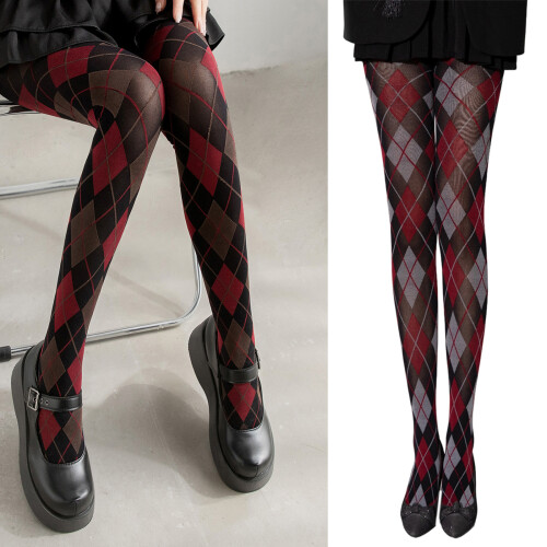 Stretchy Nylon Pantyhose With Argyle Plaids Pattern-red gray 2