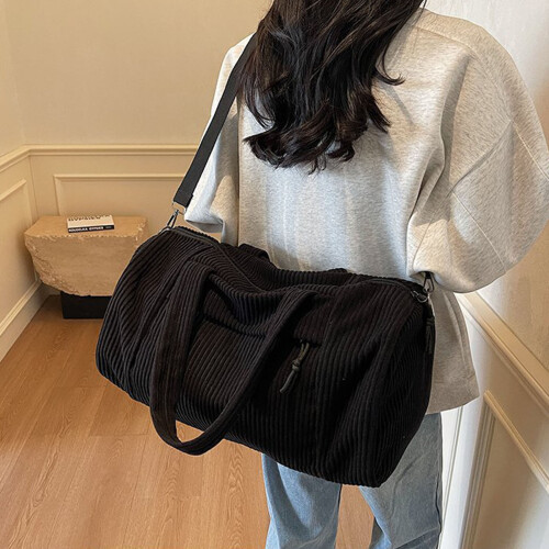 Corduroy Duffle Bag Spacious Lightweight Design Shoulder-Black 2