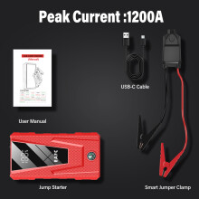 Arrancador de coche con pantalla digital, alimentación de emergencia, 1200 A, clip inteligente