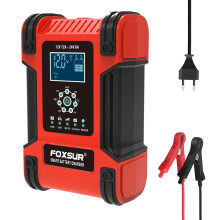 Cargador de batería para coche Foxsur totalmente automático de 12 V, rojo, 12 V 12 A (UE)