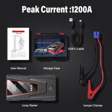 Arrancador de coche con pantalla digital, alimentación de emergencia, 1200 A, con caja.