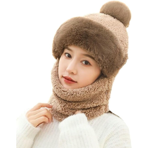 Gorro feminino de lã tricotada com cachecol e pompom.