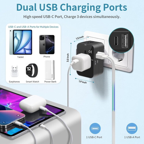 Παγκόσμιος προσαρμογέας ταξιδιού με θύρες USB-C και USB-A 2