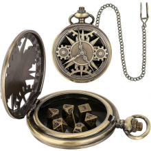 Mini D&D dobbelset met steampunk bronzen holle behuizing voor zakhorloge, 7-delige polyhedrale metalen dobbelset, Dungeons and Dra