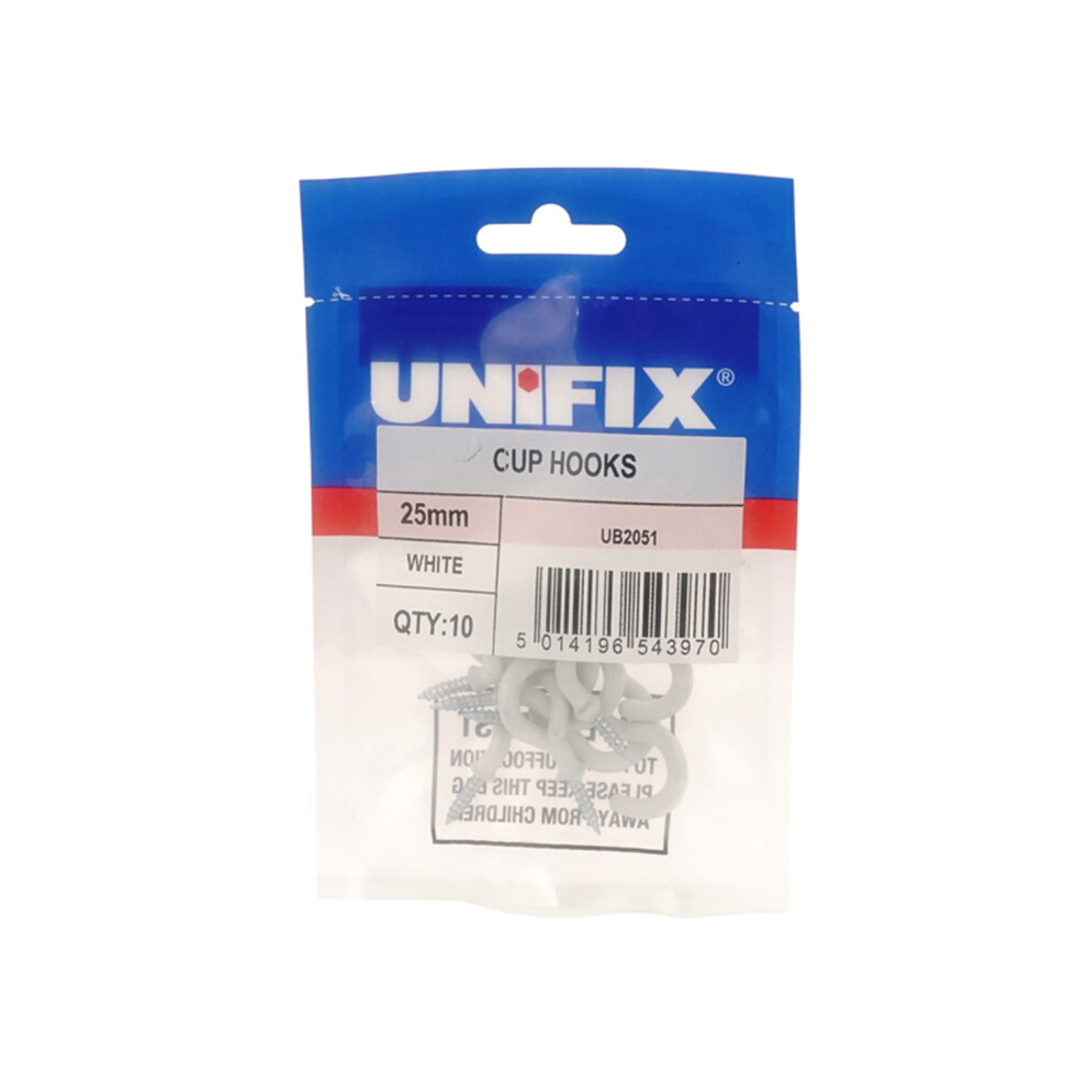 Unifix Cup Hooks White - 25Mm, Bag Of 10 - Box Of 50 5014196543970