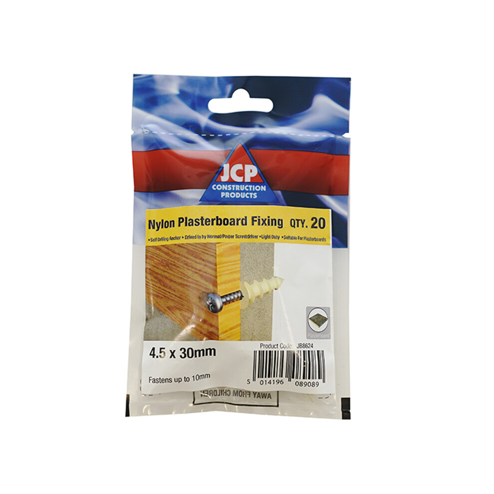 Jcp Fixings J-Plug Self-Drill Plasterboard Fixing - 4.5 X 30Mm - Box Of 30 5014196089072