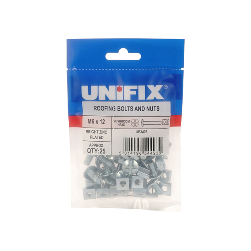 Unifix Mushroom Head Roofing Bolts And Nuts Bzp - M6 X 16 - Box Of 125 5014196544946