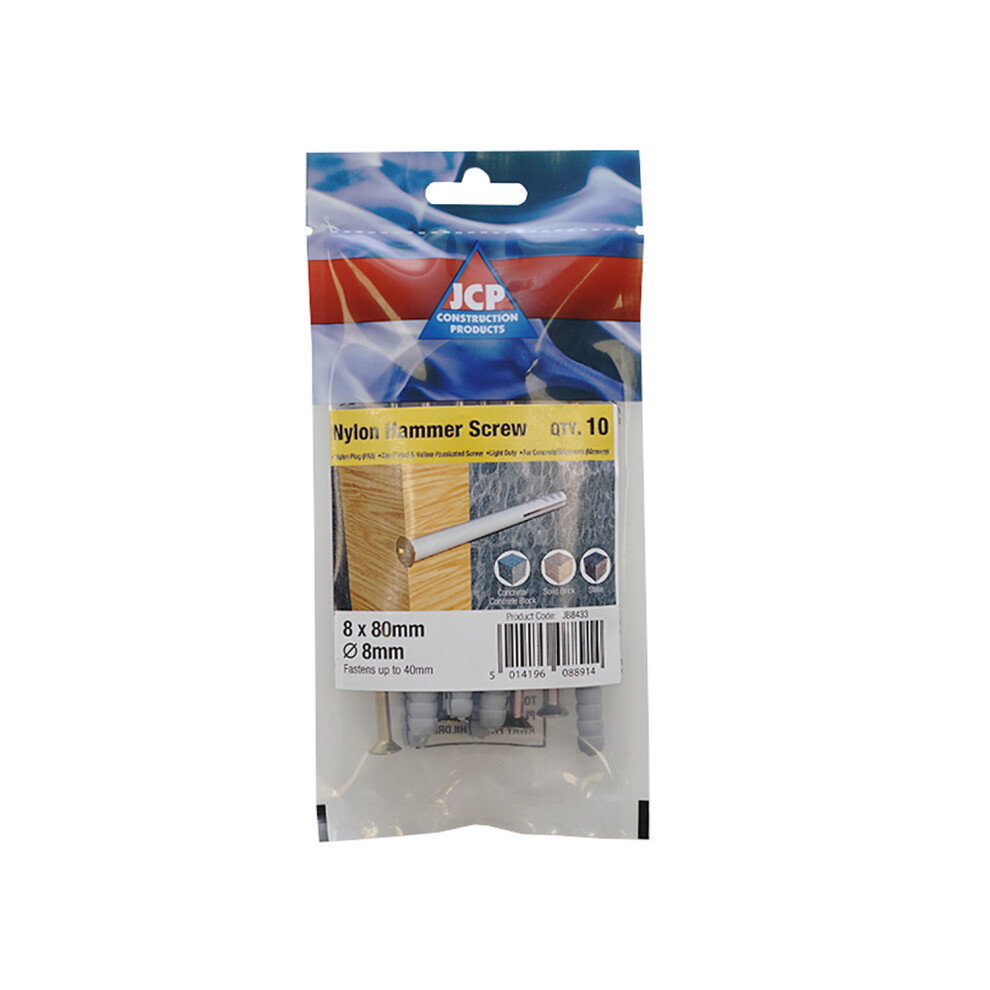 Jcp Fixings Nylon Hammer Screws Zyp - 8 X 100Mm - Bag Of 10 - Box Of 50 5014196088921