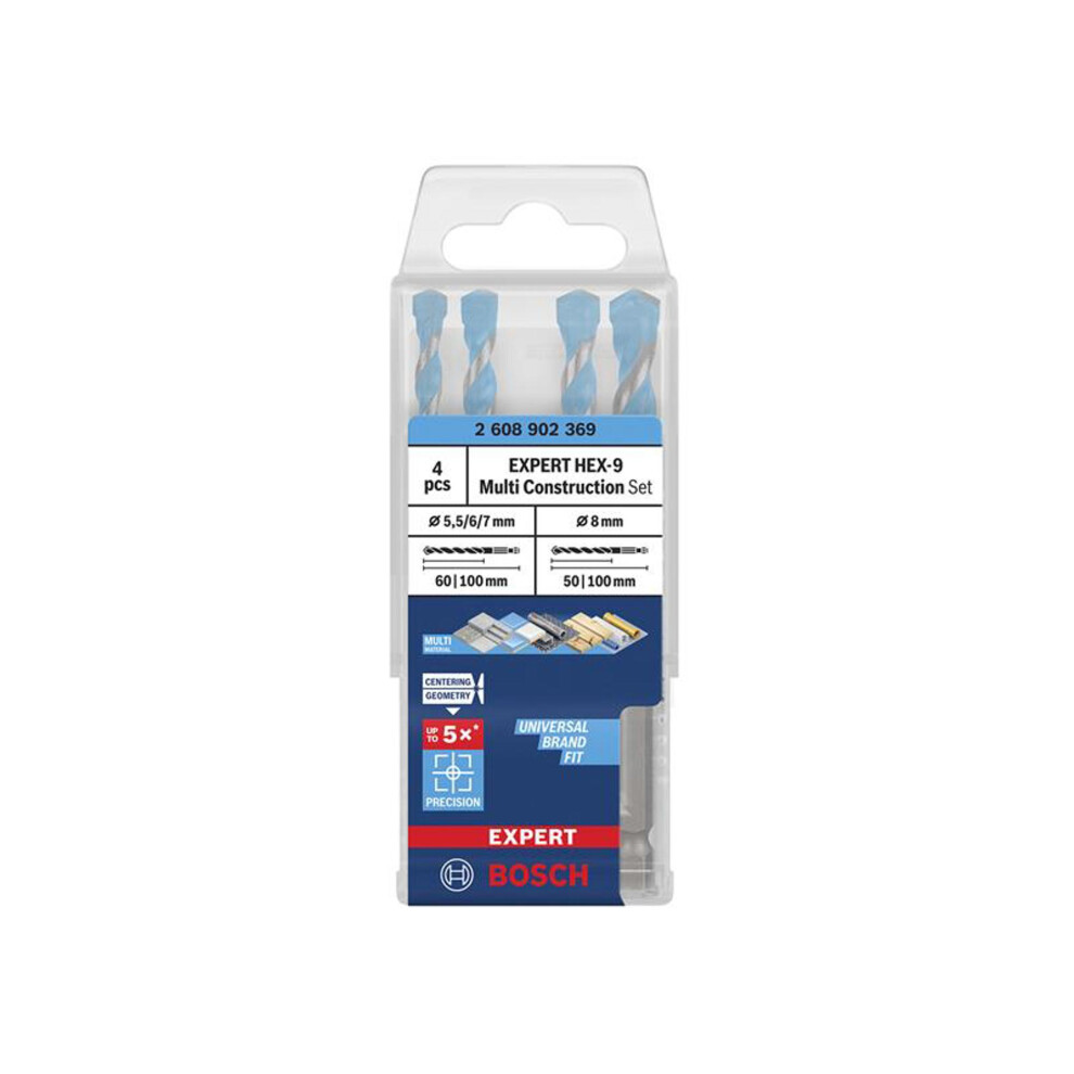 Bosch Expert Hex-9 Multi Construction Drill Bit Set, 4-Piece - Carbide Hex Shank For Concrete And Masonry.