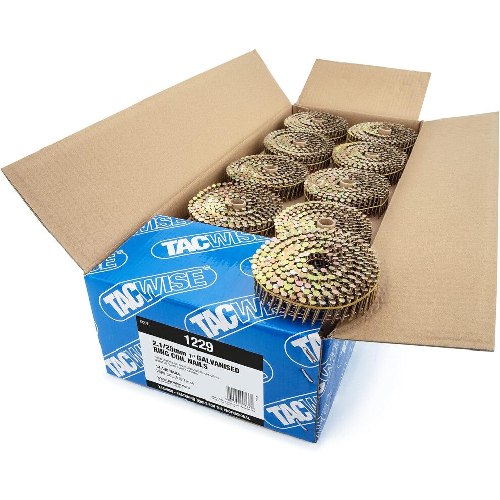 Tacwise Galvanised Ring Coil Nails Wire Collated (Flat) 2.1/25Mm Pack Of 14,400 5051439003648
