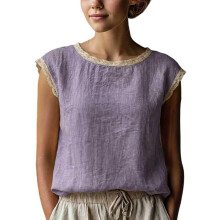 Linen vest, women's sleeveless color lace round-Purple XXL