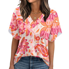 Women's Summer Non-Position Printed Petal Sleeve V-Neck-Pink M