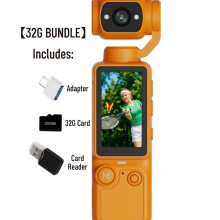 W&O 4K Gimbal Camera met 3-assige stabilisatie, mini vlog-camcorder met 32 GB SD-kaart, kaartlezer en USB-C-adapter