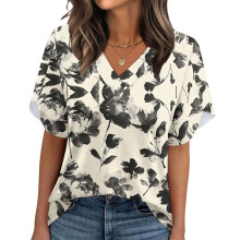 Women's Summer Non-Position Printed Petal Sleeve V-Neck-Beige S
