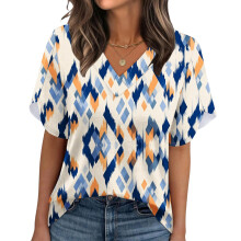 Women's Summer Non-Position Printed Petal Sleeve V-Neck-Blue M