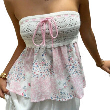 Women Knit Tube Top Strapless Flared Hem Peplum Bandeau Tops-L