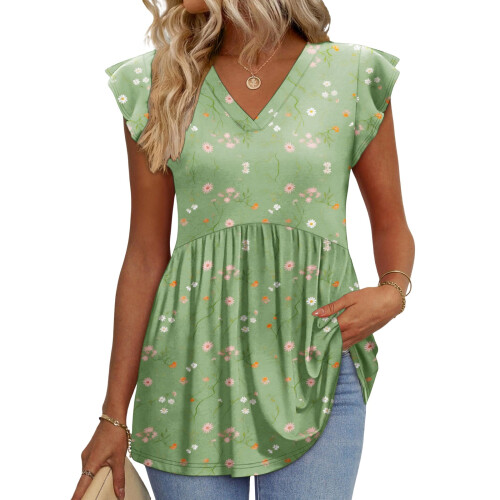 Women's  Blouses, with Ruffle Sleeves, Spring Elegant-Green M