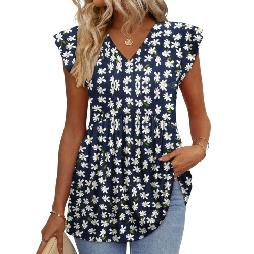 Women's  Blouses, with Ruffle Sleeves, Spring-Navy Blue XL