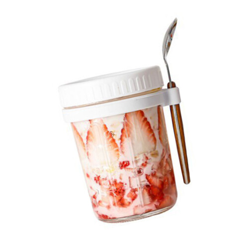 Sealed Glass Drinking Cup With Attachable Spoon Oatmeal-White