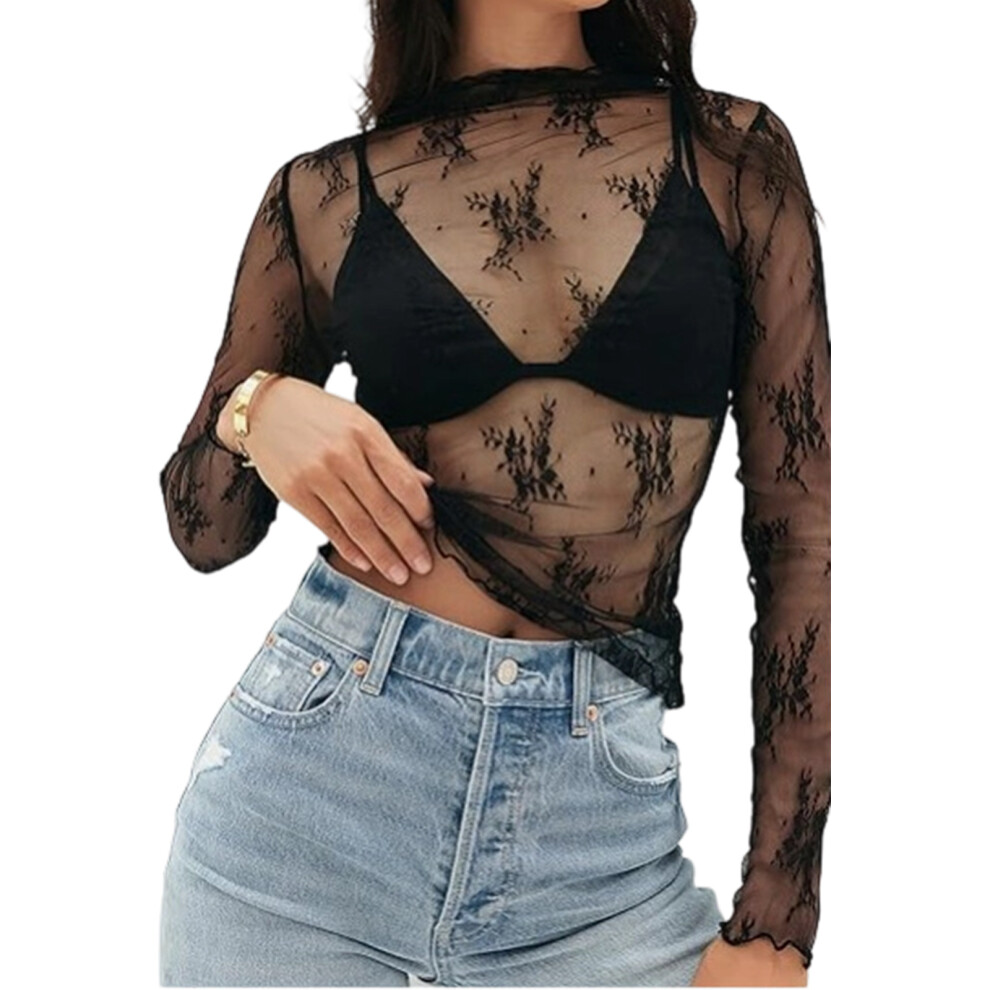 Womens Lace Long Sleeve Tops Sheer Blouse Mock Neck-Black XL