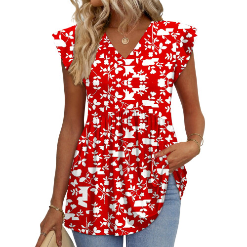 Women's  Blouses, with Ruffle Sleeves, Spring Elegant and-Red L