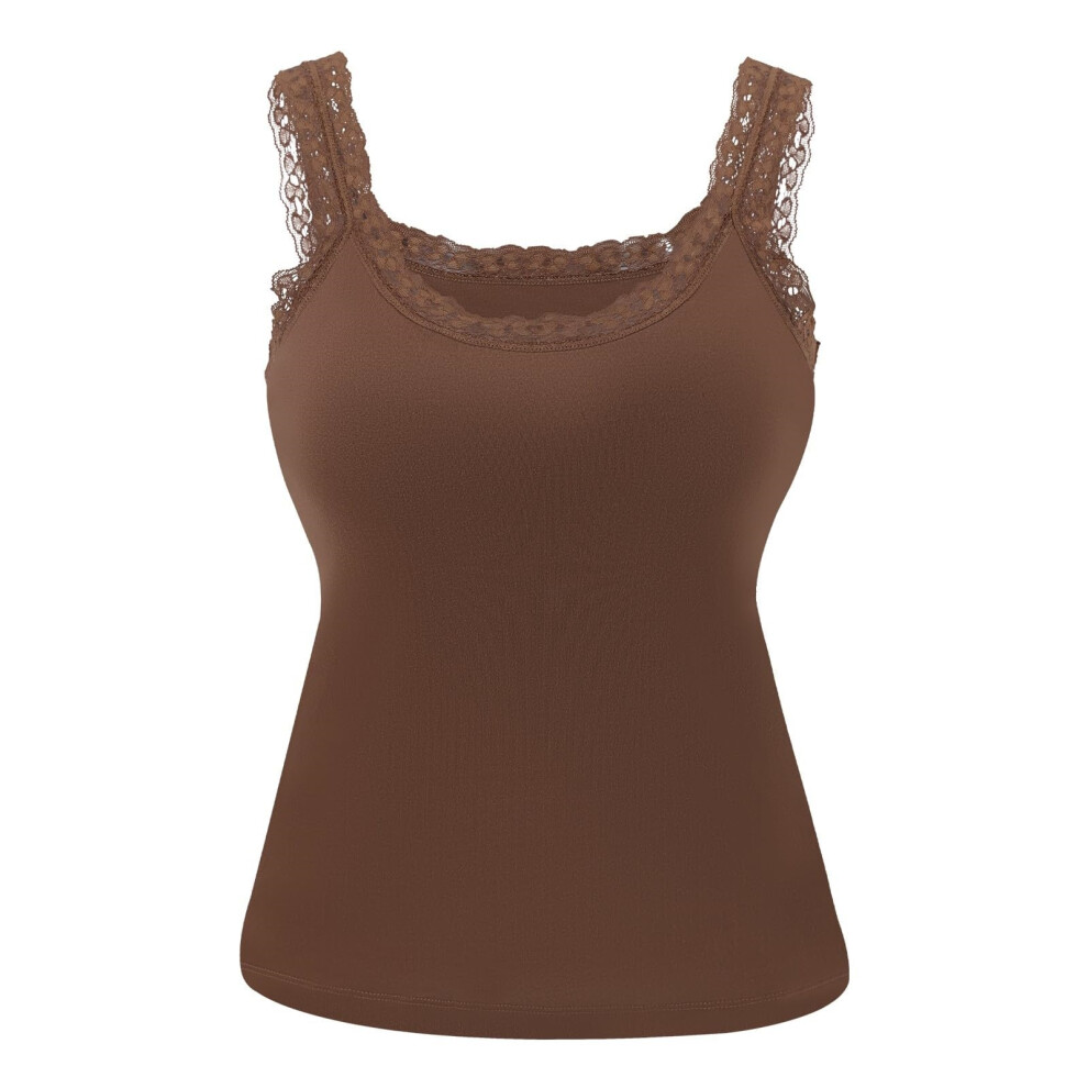 Tops with Built in Bras Lace Strap Camisole Casual-brown XL