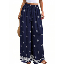 Women's Wide Leg Palazzo Pants 2026 Summer Floral-Navy Blue L