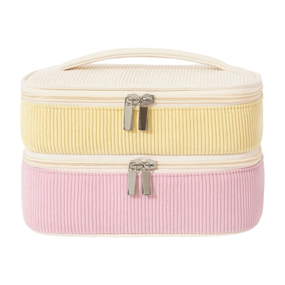 Double Layer Corduroy Makeup Bag With Compartments For-Beige