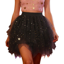 Elegant Asymmetrically Mesh Skirt Lightweight Polyester-Black L