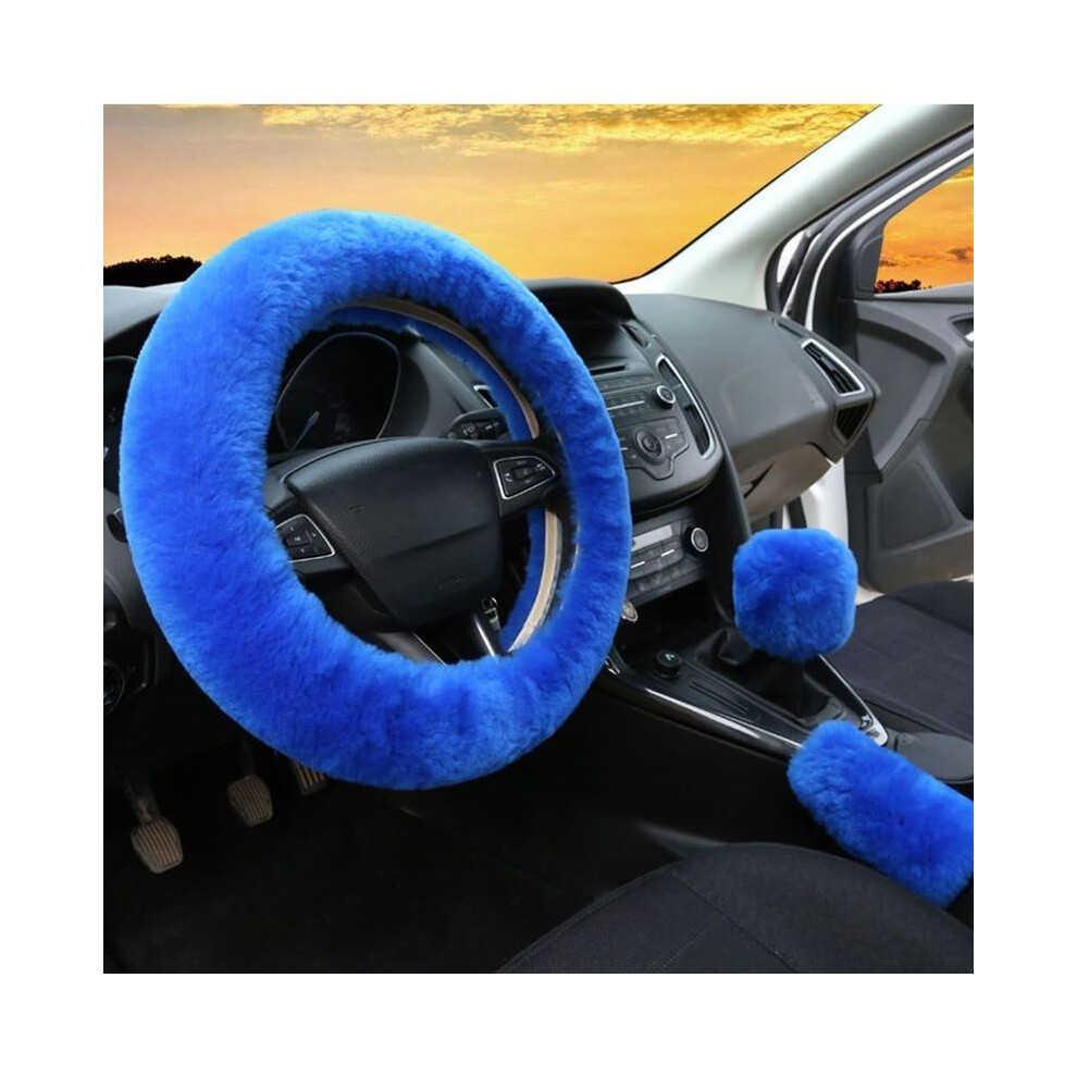 3Pcs Set Womens Winter Fashion Wool Fur Soft Furry Steering Wheel Covers Fluffy Handbrake Blue 8193650754521