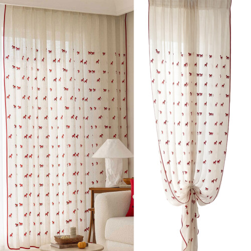Embroidered Red Horse Sheer Curtain Polyester-150cm x 250cm 2