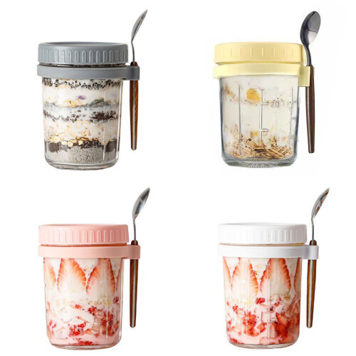 Sealed Glass Drinking Cup With Attachable Spoon Oatmeal-White 1