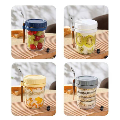 Sealed Glass Drinking Cup With Attachable Spoon Oatmeal-White 2
