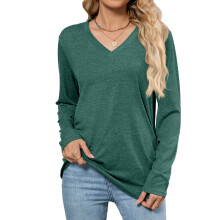 Damen-Langarmshirt mit V-Ausschnitt, lässiges Oberteil,-Grün XL