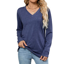 Damen-Langarmshirt mit V-Ausschnitt, lässiges-Marineblau M