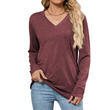 Damen-Langarmshirt mit V-Ausschnitt, lässiges Oberteil,-Rot XXL
