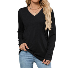 Damen-Langarmshirt mit V-Ausschnitt, lässiges-Schwarz M