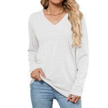Damen-Langarmshirt mit V-Ausschnitt, lässiges Oberteil,-Weiß L