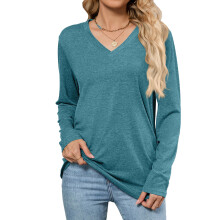 Damen-Langarmshirt mit V-Ausschnitt, lässiges Oberteil,-Blau S