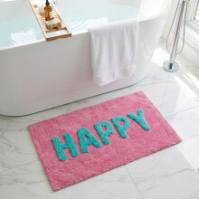 Happy Slogan Colourful Bath Mat Non Slip - Soft & Absorbent (Pink)