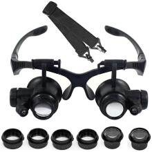 Illuminated Double Eye Jeweler Loupe Repair Headband Magnifier, 10X 15X 20X 25X, Compatible with LED Magnifier