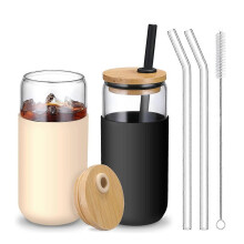 2 Colors 20 OZ Glass Cups with Bamboo Lids and Straws, Beer Can Drinking Glasses with Silicone Protector