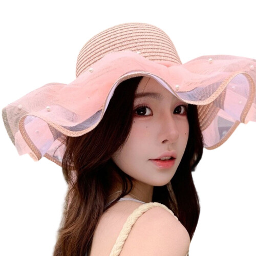 Lovely Double Layer Sun Hat with Lace Ruffle Bowknot-Pink